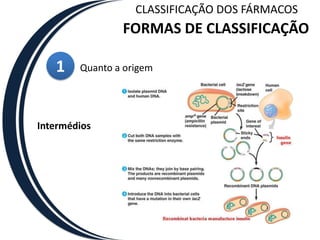 Vegetais (ex., alcalóides, glicósidoscardiotónicos, algumas drogas anticancerígenas – taxol). Constituem a maioria dos fármacos de origem natural;CLASSIFICAÇÃO DOS FÁRMACOSFORMAS DE CLASSIFICAÇÃO1Quanto a origemSintéticas Fornece análogos sintéticos, eventualmente melhorados ou simplificadosCLASSIFICAÇÃO DOS FÁRMACOSFORMAS DE CLASSIFICAÇÃO1Quanto a origemIntermédiosProdutos de fermentação (ex., vitaminas, antibióticos, aminoácidos) e resultantes de engenharia genética (ex., insulina recombinante).CLASSIFICAÇÃO DOS FÁRMACOSFORMAS DE CLASSIFICAÇÃO1Quanto a origemIntermédios