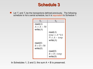 Schedule 3
Schedule 3
 Let T1 and T2 be the transactions defined previously. The following
schedule is not a serial schedule, but it is equivalent to Schedule 1.
In Schedules 1, 2 and 3, the sum A + B is preserved.
 