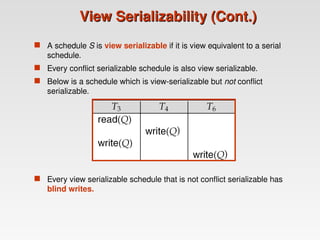 View Serializability (Cont.)
View Serializability (Cont.)
 A schedule S is view serializable if it is view equivalent to a serial
schedule.
 Every conflict serializable schedule is also view serializable.
 Below is a schedule which is view-serializable but not conflict
serializable.
 Every view serializable schedule that is not conflict serializable has
blind writes.
 