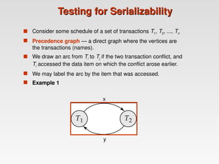 Testing for Serializability
Testing for Serializability
 Consider some schedule of a set of transactions T1, T2, ..., Tn
 Precedence graph — a direct graph where the vertices are
the transactions (names).
 We draw an arc from Ti to Tj if the two transaction conflict, and
Ti accessed the data item on which the conflict arose earlier.
 We may label the arc by the item that was accessed.
 Example 1
x
y
 
