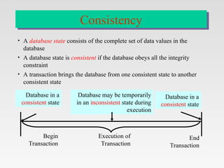 • A database state consists of the complete set of data values in the
database
• A database state is consistent if the database obeys all the integrity
constraint
• A transaction brings the database from one consistent state to another
consistent state
Database in a
consistent state
Database may be temporarily
in an inconsistent state during
execution
Database in a
consistent state
Begin
Transaction
Execution of
Transaction
End
Transaction
Consistency
 