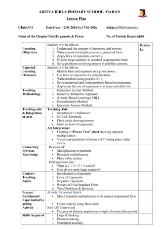 Comprehensive Lesson Plan on Exponents and Powers for Class VII ...