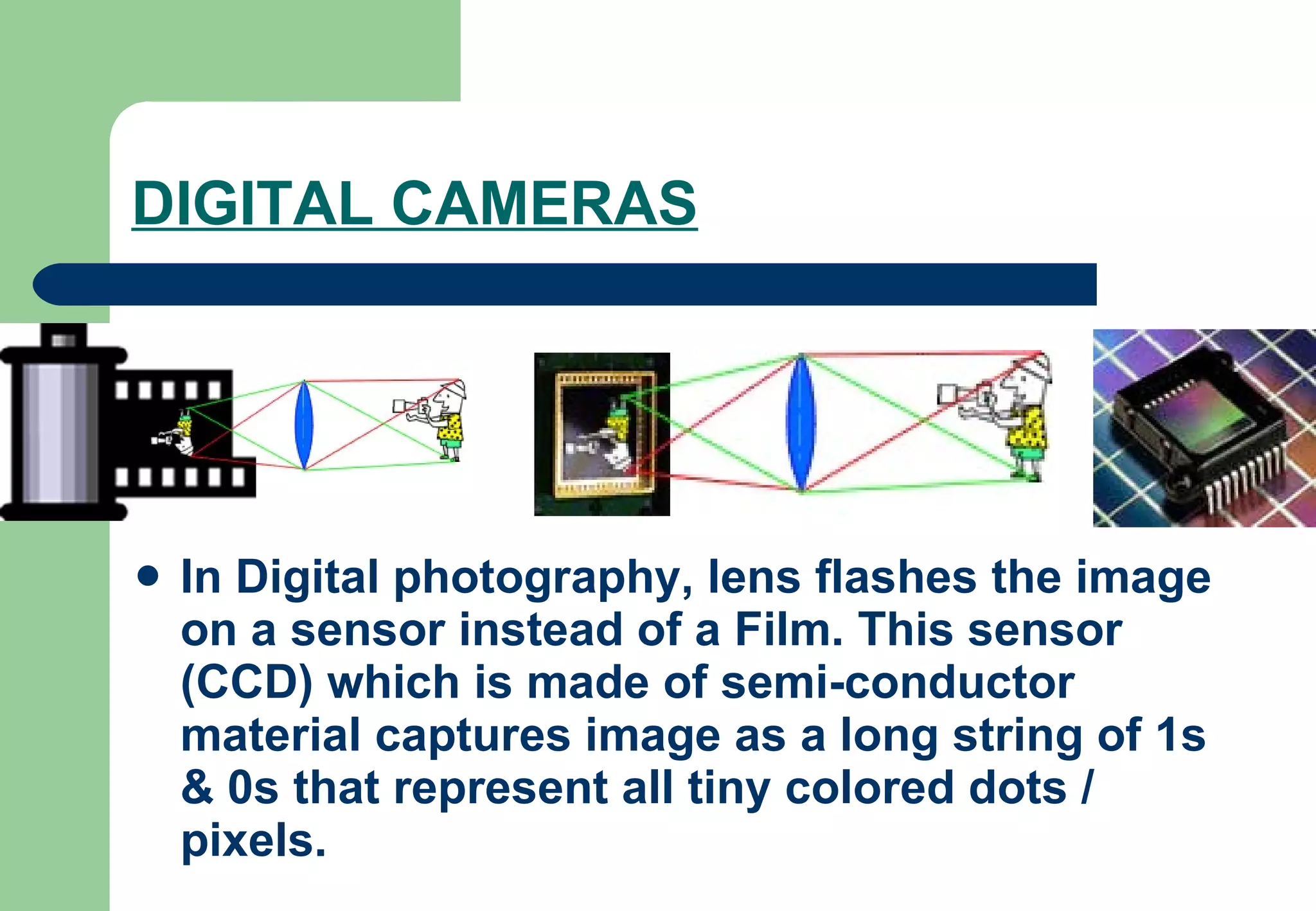DIGITAL CAMERAS   In Digital photography, lens flashes the image on a sensor instead of a Film. This sensor (CCD) which is made of semi-conductor material captures image as a long string of 1s & 0s that represent all tiny colored dots / pixels.   