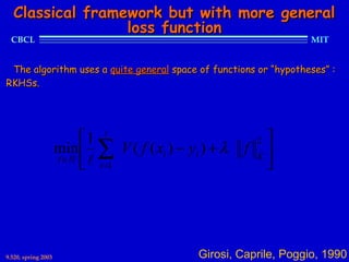 Classical framework but with more general
                 loss function
  CBCL                                                                 MIT


 The algorithm uses a quite general space of functions or “hypotheses” :
RKHSs. n of the classical framework can provide a better measure
                       of “loss” (for instance for classification)…


                         1 l                                 
                     min  ∑ V ( f ( xi ) − yi ) + λ
                                                              2
                                                           f K
                          i =1
                     f ∈H l
                                                              




9.520, spring 2003                                Girosi, Caprile, Poggio, 1990
 