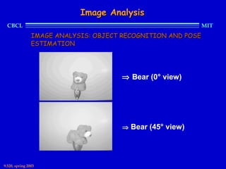 Image Analysis
  CBCL                                                     MIT
                IMAGE ANALYSIS: OBJECT RECOGNITION AND POSE
                ESTIMATION




                                      ⇒ Bear (0° view)




                                       ⇒ Bear (45° view)




9.520, spring 2003
 