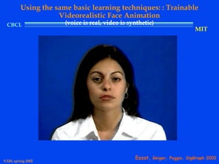 Using the same basic learning techniques: : Trainable
                     Videorealistic Face Animation
  CBCL                 (voice is real, video is synthetic)
                                                                            MIT




                                                  Ezzat, Geiger, Poggio, SigGraph 2002
9.520, spring 2002
 