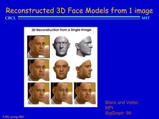 Reconstructed 3D Face Models from 1 image
  CBCL                                           MIT




                             Blanz and Vetter,
                             MPI
                             SigGraph ‘99
9.520, spring 2003
 