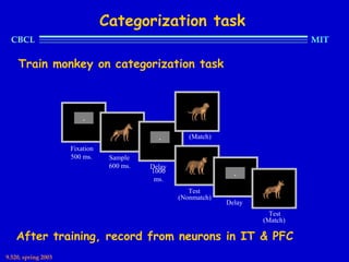 Categorization task
  CBCL                                                                            MIT

    Train monkey on categorization task


                                                            .
                         .
                                     .
                                             .        (Match)
                     Fixation
                     500 ms.     Sample
                                 600 ms.   Delay        .
                                           1000                   .
                                            ms.
                                                      Test                 .
                                                   (Nonmatch)
                                                                Delay
                                                                          Test
                                                                        (Match)

    After training, record from neurons in IT & PFC
9.520, spring 2003
 