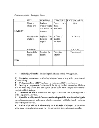 Teaching points: - language focus:
 Teaching approach: This lesson plan is based on the PPP approach.
 Materials and resources: One big image of house´s map and a copy for each
of the Activity 1.
 Pedagogical use of ICT in class: No instances of ICT in this lesson.
 Seating arrangement: Students will be sitting on their desks since I believe
it´s the best way to see and participate of the class. Also, they will have visual
contact and interaction.
 Cooperative work: learners of this age can interact and work together in
order to perform activities.
 Possible problems / difficulties and their possible solutions during the
class: Students may not understand what I express but I will help them by pointing
and writing some words.
 Potential problems students may have with the language: They may not
understand the explanation since they do not use the foreign language usually.
LEXIS FUNCTION STRUCTURE PRONUNCIATION
REVISION
There is
There are
Prepositions
of place
Furniture
Explain
what objects
are there in
a room.
Explain the
location of
objects
There are
three
bedrooms…
In front of
Next to
Between
/ðeə/
/bi ˈtwiːn/
/ˈteɪb əl/
NEW
Parts of the
house
Naming the
rooms
There is a
kitchen
/ ˈbedr uːm/
 