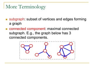 More Terminology
 subgraph: subset of vertices and edges forming
a graph
 connected component: maximal connected
subgraph. E.g., the graph below has 3
connected components.
 