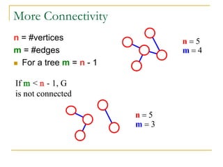 More Connectivity
n = #vertices
m = #edges
 For a tree m = n - 1
n = 5
m = 4
If m < n - 1, G
is not connected
n = 5
m = 3
 