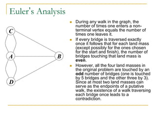 Euler’s Analysis
 During any walk in the graph, the
number of times one enters a non-
terminal vertex equals the number of
times one leaves it.
 If every bridge is traversed exactly
once it follows that for each land mass
(except possibly for the ones chosen
for the start and finish), the number of
bridges touching that land mass is
even.
 However, all the four land masses in
the original problem are touched by an
odd number of bridges (one is touched
by 5 bridges and the other three by 3).
Since at most two land masses can
serve as the endpoints of a putative
walk, the existence of a walk traversing
each bridge once leads to a
contradiction.
C
A
D
B
 