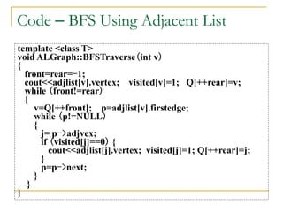 Code – BFS Using Adjacent List
template <class T>
void ALGraph::BFSTraverse(int v)
{
front=rear=-1;
cout<<adjlist[v].vertex; visited[v]=1; Q[++rear]=v;
while (front!=rear)
{
v=Q[++front]; p=adjlist[v].firstedge;
while (p!=NULL)
{
j= p->adjvex;
if (visited[j]==0) {
cout<<adjlist[j].vertex; visited[j]=1; Q[++rear]=j;
}
p=p->next;
}
}
}
 