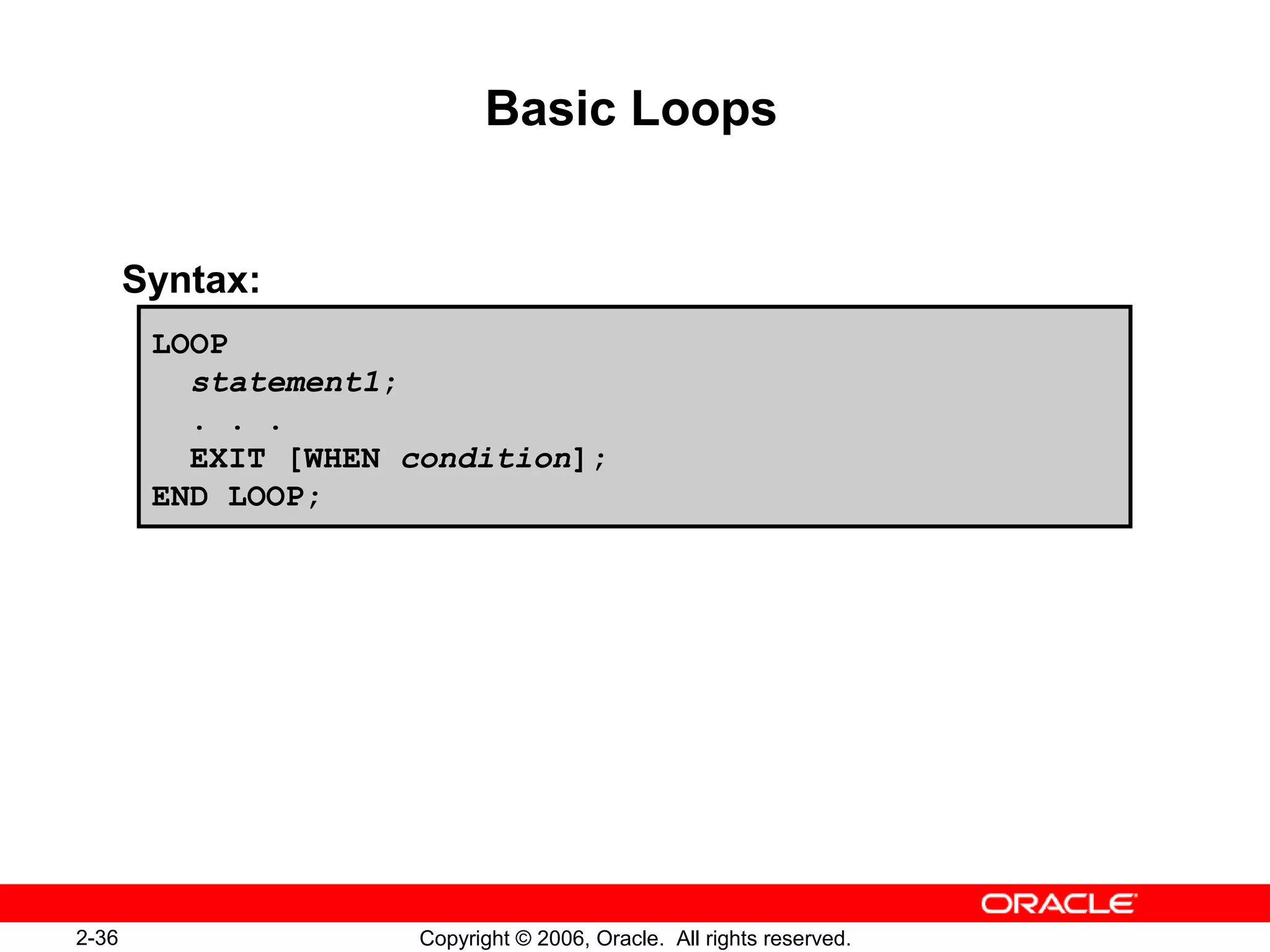 2-36 Copyright © 2006, Oracle. All rights reserved.
Basic Loops
Syntax:
LOOP
statement1;
. . .
EXIT [WHEN condition];
END LOOP;
 