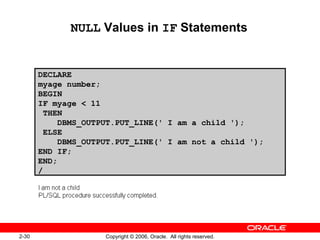 2-30 Copyright © 2006, Oracle. All rights reserved.
NULL Values in IF Statements
DECLARE
myage number;
BEGIN
IF myage < 11
THEN
DBMS_OUTPUT.PUT_LINE(' I am a child ');
ELSE
DBMS_OUTPUT.PUT_LINE(' I am not a child ');
END IF;
END;
/
 
