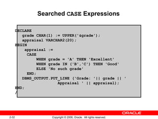 2-32 Copyright © 2006, Oracle. All rights reserved.
Searched CASE Expressions
DECLARE
grade CHAR(1) := UPPER('&grade');
appraisal VARCHAR2(20);
BEGIN
appraisal :=
CASE
WHEN grade = 'A' THEN 'Excellent'
WHEN grade IN ('B','C') THEN 'Good'
ELSE 'No such grade'
END;
DBMS_OUTPUT.PUT_LINE ('Grade: '|| grade || '
Appraisal ' || appraisal);
END;
/
 