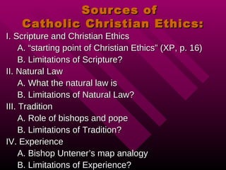 Sources of  Catholic Christian Ethics: I. Scripture and Christian Ethics A. “starting point of Christian Ethics” (XP, p. 16) B. Limitations of Scripture? II. Natural Law A. What the natural law is B. Limitations of Natural Law? III. Tradition A. Role of bishops and pope B. Limitations of Tradition? IV. Experience  A. Bishop Untener’s map analogy B. Limitations of Experience? 