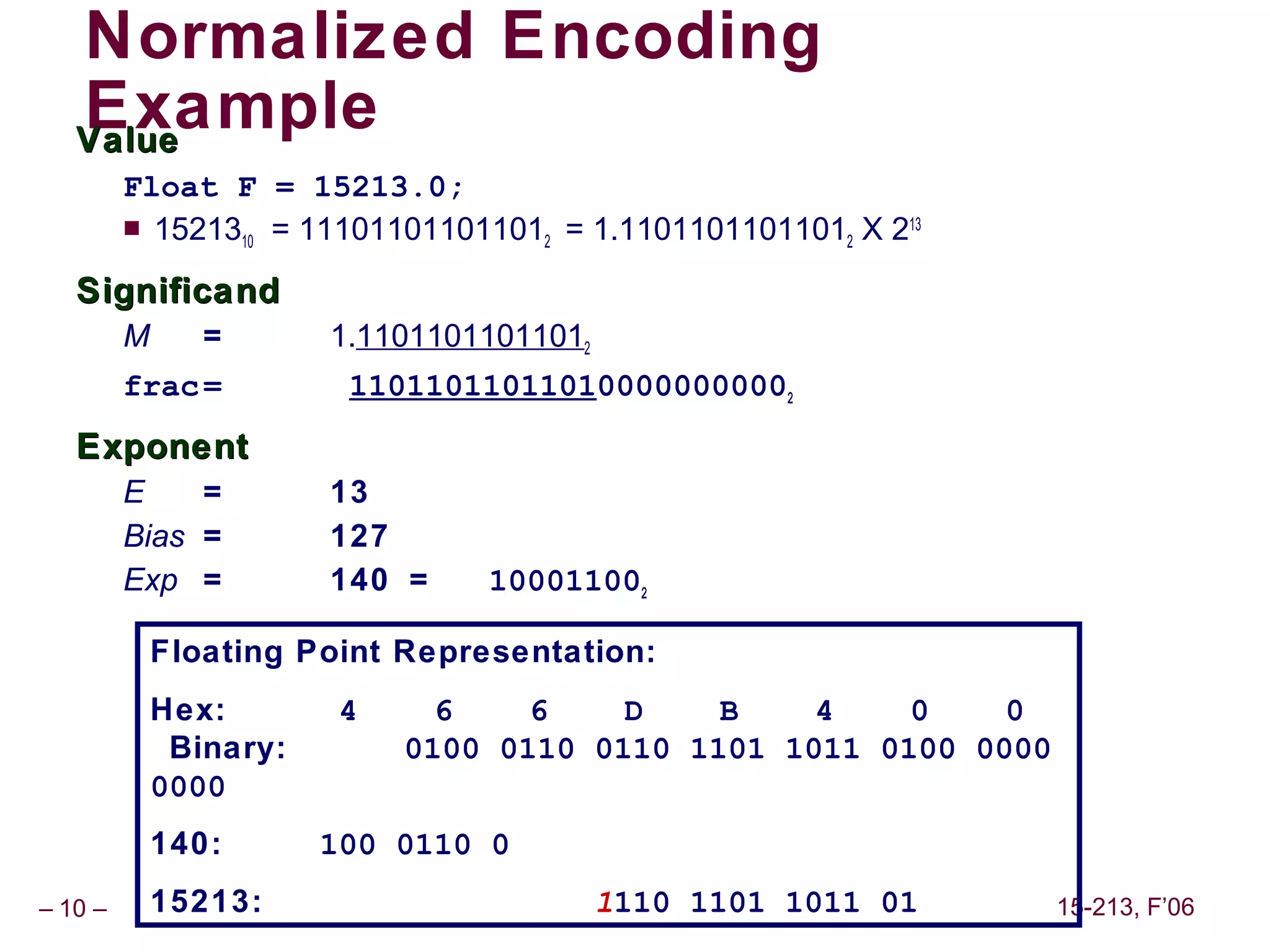 Normalized Encoding
   Example
   Value
         Float F = 15213.0;
          1521310 = 111011011011012 = 1.11011011011012 X 213

   Significand
         M      =       1.11011011011012
         frac =          110110110110100000000002
   Exponent
         E    =         13
         Bias =         127
         Exp =          140 =    100011002

             Floating Point Representation:
             Hex:        4     6    6    D    B    4    0    0
              Binary:        0100 0110 0110 1101 1011 0100 0000
             0000
             140:       100 0110 0
– 10 –       15213:                        1110 1101 1011 01      15-213, F’06
 