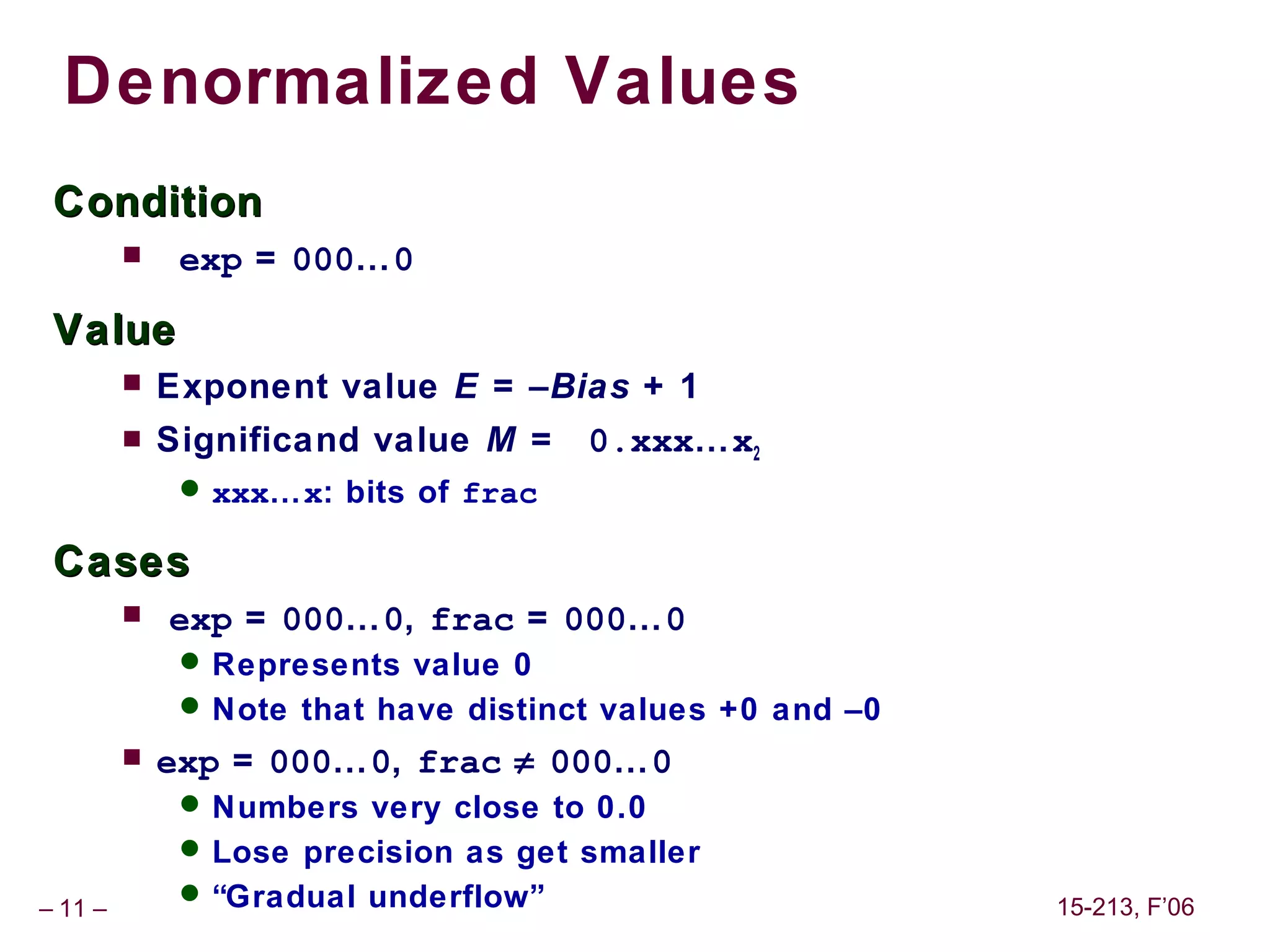 Denormalized Values
 Condition
             exp = 000…0

 Value
            Exponent value E = –Bias + 1
            Significand value M =    0.xxx…x2
               xxx…x: bits of frac

 Cases
            exp = 000…0, frac = 000…0
               Represents value 0
               Note that have distinct values +0 and –0
            exp = 000…0, frac ≠ 000…0
               Numbers very close to 0.0
               Lose precision as get smaller

– 11 –
               “Gradual underflow”                        15-213, F’06
 