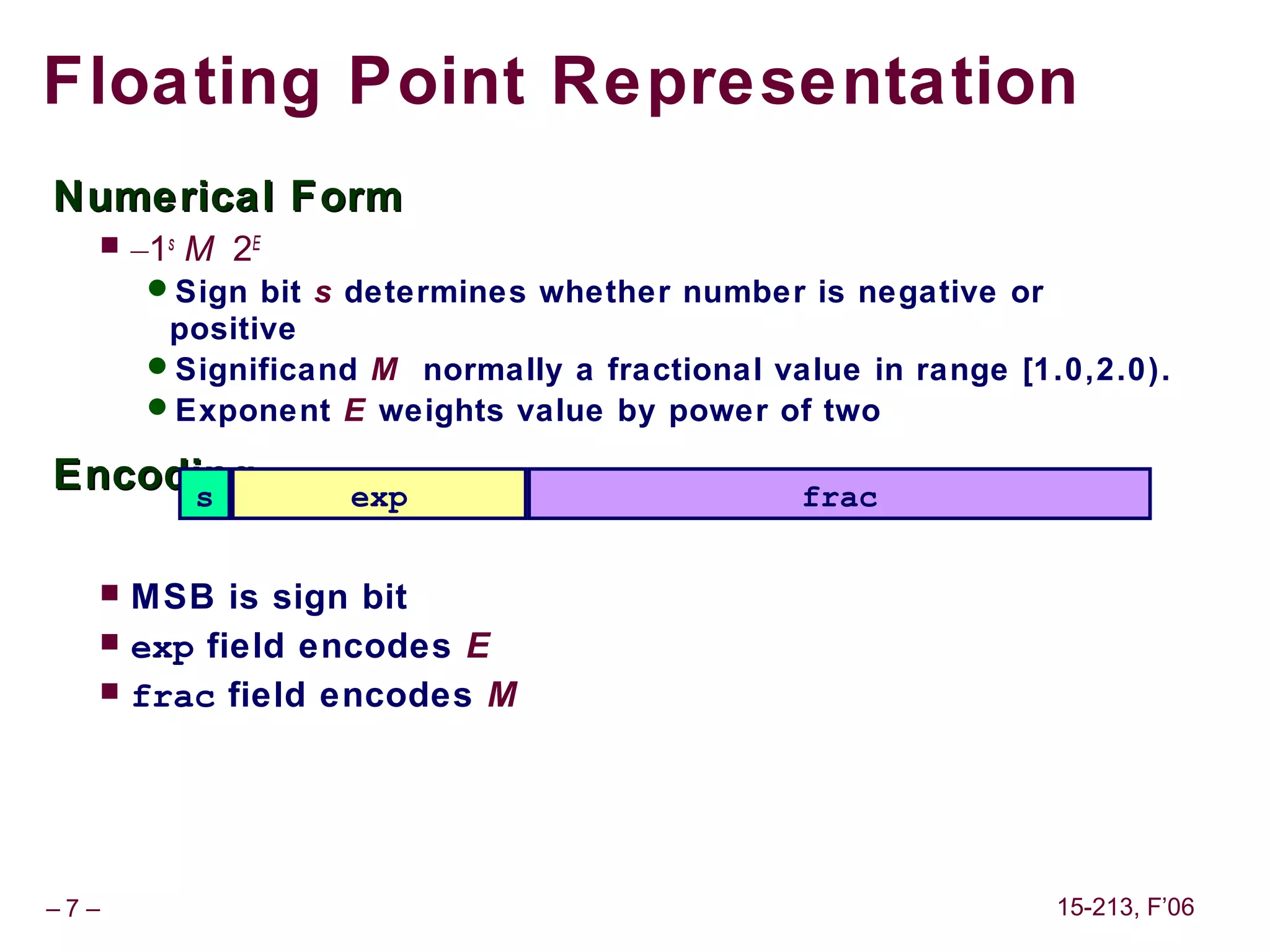 Floating Point Representation
Numerical Form
     –1s M 2E
      Sign bit s determines whether number is negative or
       positive
      Significand M normally a fractional value in range [1.0,2.0).
      Exponent E weights value by power of two

Encoding
     s            exp                        frac


     MSB is sign bit
     exp field encodes E
     frac field encodes M




–7–                                                          15-213, F’06
 
