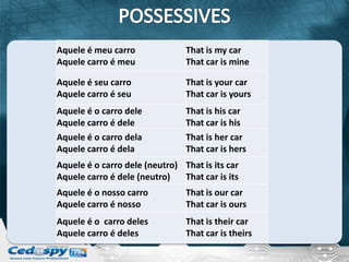 Aquele é meu carro              That is my car
Aquele carro é meu              That car is mine

Aquele é seu carro              That is your car
Aquele carro é seu              That car is yours
Aquele é o carro dele           That is his car
Aquele carro é dele             That car is his
Aquele é o carro dela           That is her car
Aquele carro é dela             That car is hers
Aquele é o carro dele (neutro) That is its car
Aquele carro é dele (neutro)   That car is its
Aquele é o nosso carro          That is our car
Aquele carro é nosso            That car is ours
Aquele é o carro deles          That is their car
Aquele carro é deles            That car is theirs
 