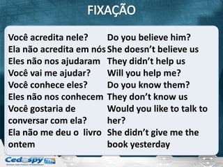 Você acredita nele?     Do you believe him?
Ela não acredita em nós She doesn’t believe us
Eles não nos ajudaram They didn’t help us
Você vai me ajudar?     Will you help me?
Você conhece eles?      Do you know them?
Eles não nos conhecem They don’t know us
Você gostaria de        Would you like to talk to
conversar com ela?      her?
Ela não me deu o livro She didn’t give me the
ontem                   book yesterday
 