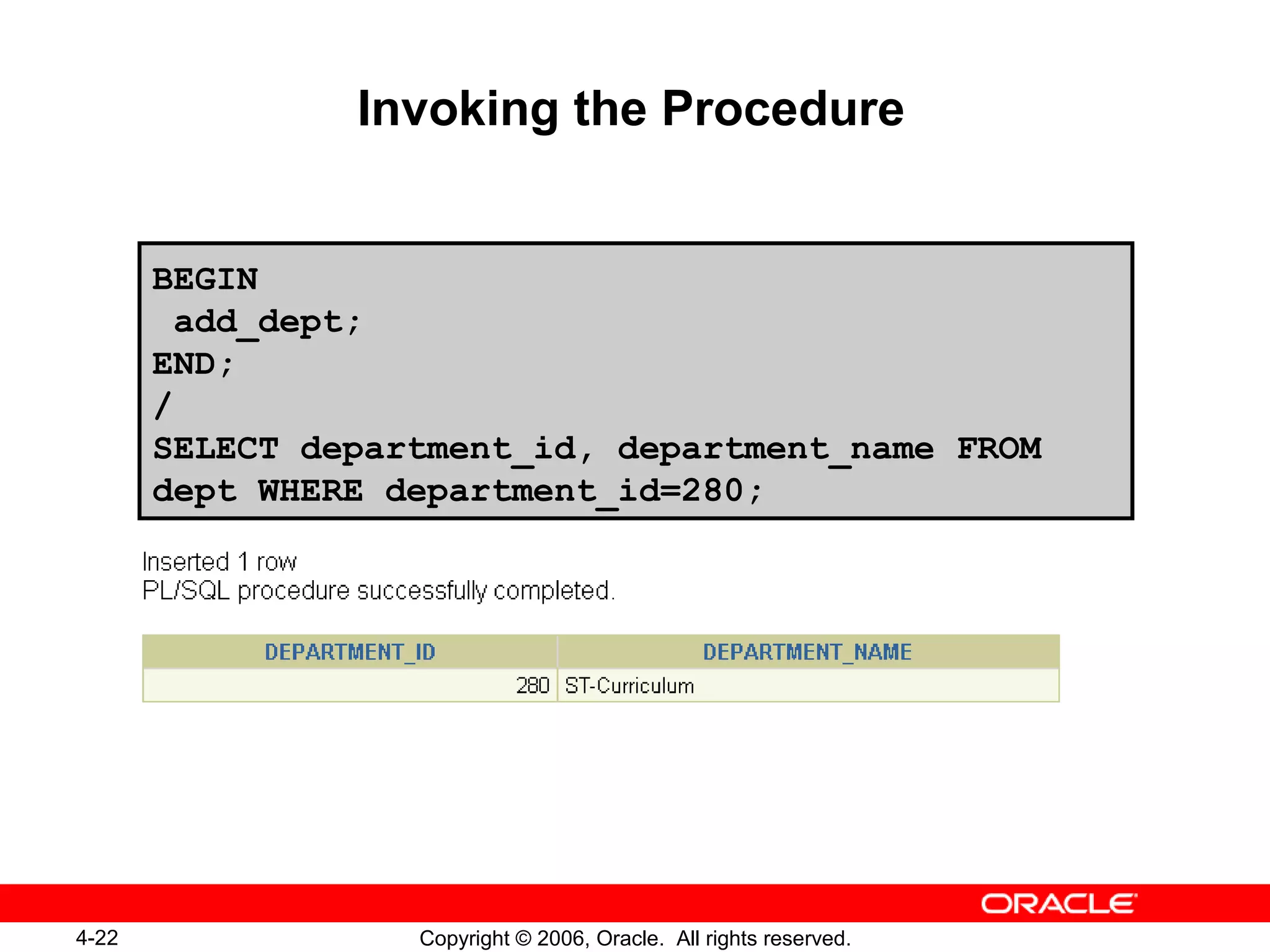 4-22 Copyright © 2006, Oracle. All rights reserved.
Invoking the Procedure
BEGIN
add_dept;
END;
/
SELECT department_id, department_name FROM
dept WHERE department_id=280;
 