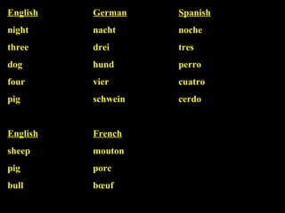 English German Spanish night nacht noche three drei tres dog hund  perro four vier cuatro pig schwein cerdo English French sheep mouton pig porc bull bœuf   