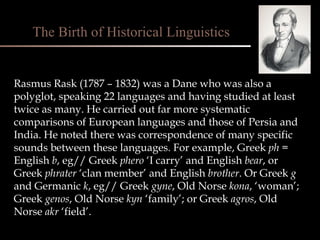 Rasmus Rask (1787 – 1832) was a Dane who was also a polyglot, speaking 22 languages and having studied at least twice as many. He carried out far more systematic comparisons of European languages and those of Persia and India. He noted there was correspondence of many specific sounds between these languages. For example, Greek  ph  = English  b , eg// Greek  phero  ‘I carry’ and English  bear , or Greek  phrater  ‘clan member’ and English  brother . Or Greek  g  and Germanic  k , eg// Greek  gyne , Old Norse  kona , ‘woman’; Greek  genos , Old Norse  kyn  ‘family’; or Greek  agros , Old Norse  akr  ‘field’. The Birth of Historical Linguistics 
