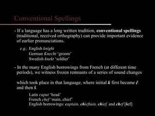 - If a language has a long written tradition,  conventional spellings  (traditional, received orthography) can provide important evidence  of earlier pronunciations. e.g.,  English  knight German  Knecht  ‘groom’ Swedish  knekt  ‘soldier’ - In the many English borrowings from French (at different time periods), we witness frozen remnants of a series of sound changes  which took place in that language, where initial   k  first became  č  and then  š . Latin  caput  ‘head’ French  chef  ‘main, chief’   English borrowings:  c aptain,  ch ieftain,  ch ief,  and  ch ef  [ š ef] Conventional Spellings 