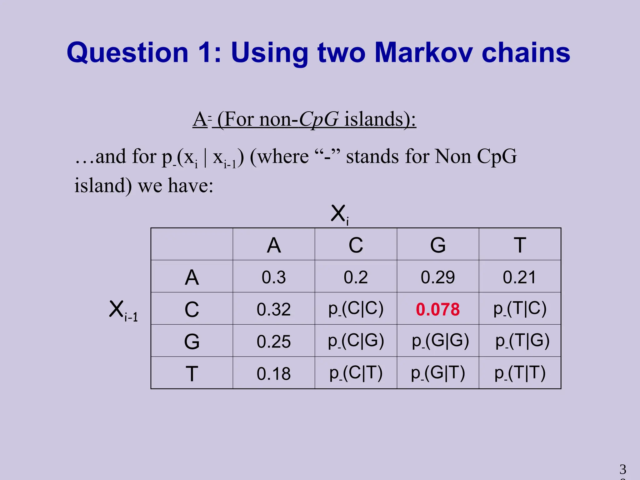 3
Question 1: Using two Markov chains
A-
(For non-CpG islands):
Xi-1
Xi
A C G T
A 0.3 0.2 0.29 0.21
C 0.32 p-(C|C) 0.078 p-(T|C)
G 0.25 p-(C|G) p-(G|G) p-(T|G)
T 0.18 p-(C|T) p-(G|T) p-(T|T)
…and for p-(xi | xi-1) (where “-” stands for Non CpG
island) we have:
 