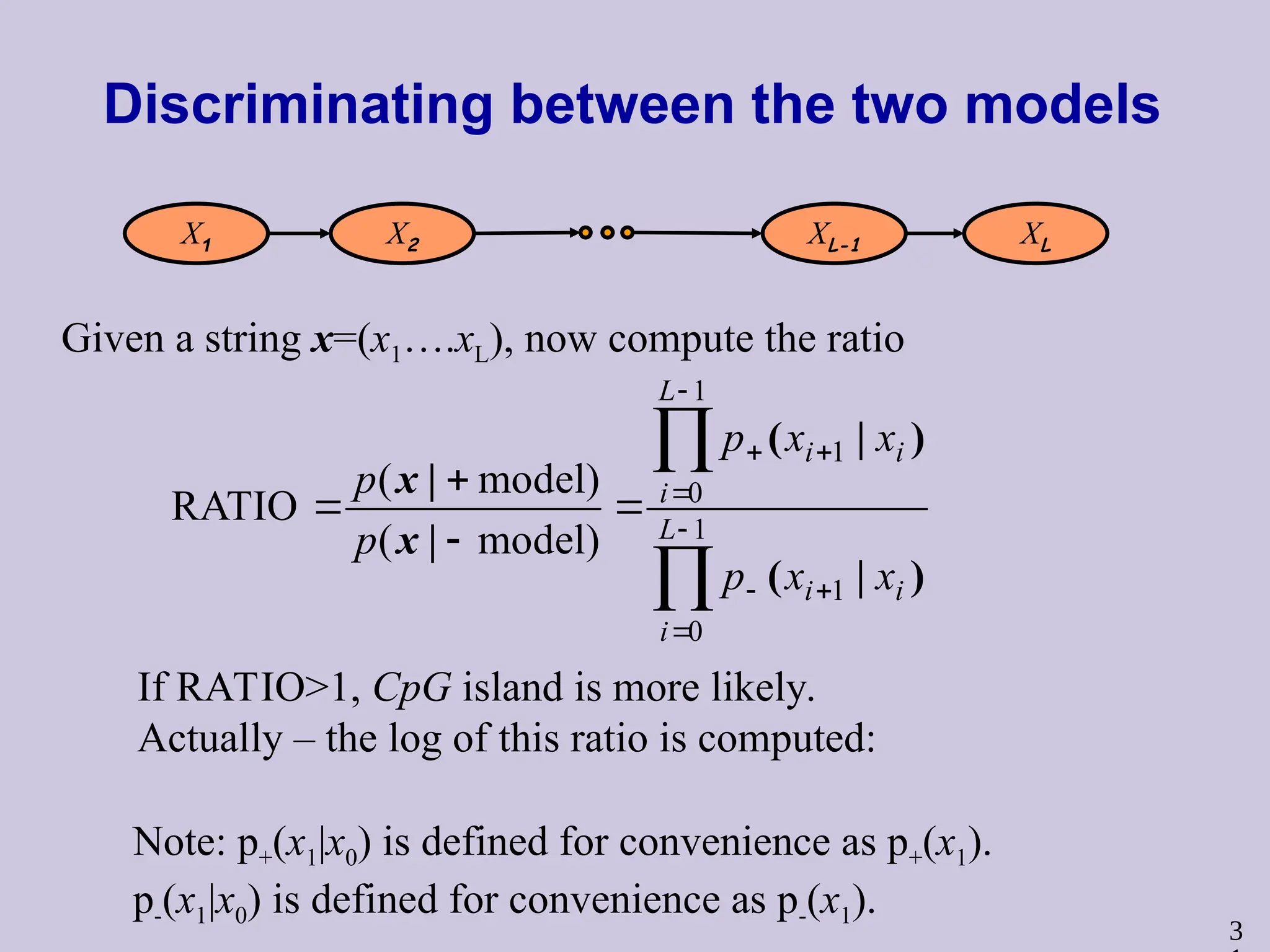 3
Discriminating between the two models
Given a string x=(x1….xL), now compute the ratio
If RATIO>1, CpG island is more likely.
Actually – the log of this ratio is computed:
X1 X2 XL-1 XL













 1
0
1
1
0
1
model)
(
model)
(
RATIO L
i
i
i
L
i
i
i
x
x
p
x
x
p
p
p
)
|
(
)
|
(
|
|
x
x
Note: p+(x1|x0) is defined for convenience as p+(x1).
p-(x1|x0) is defined for convenience as p-(x1).
 