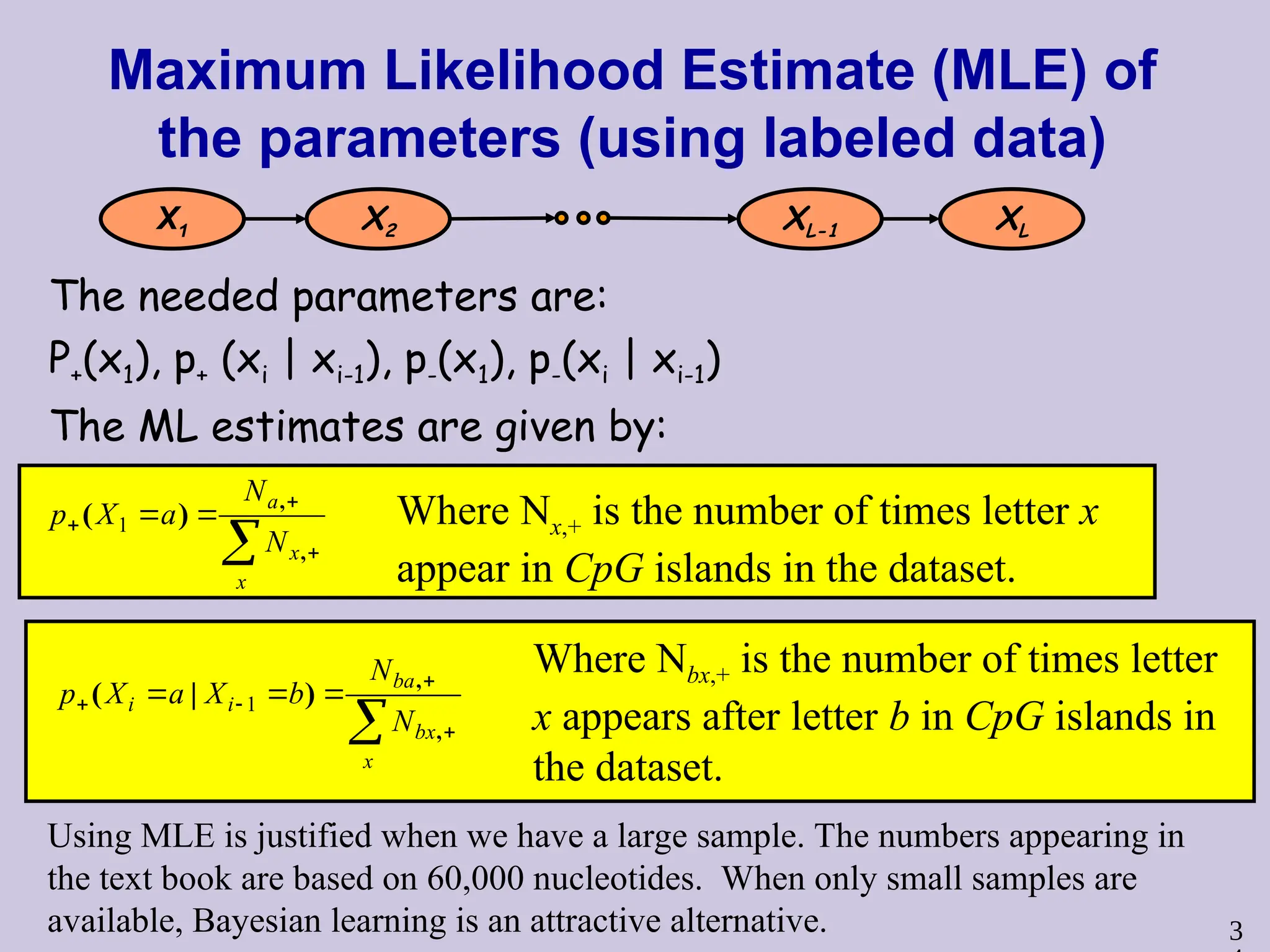 3
Maximum Likelihood Estimate (MLE) of
the parameters (using labeled data)
The needed parameters are:
P+(x1), p+ (xi | xi-1), p-(x1), p-(xi | xi-1)
The ML estimates are given by:
Using MLE is justified when we have a large sample. The numbers appearing in
the text book are based on 60,000 nucleotides. When only small samples are
available, Bayesian learning is an attractive alternative.
X1 X2 XL-1 XL
 

 

x
x
a
N
N
a
X
p
,
,
)
( 1 Where Nx,+ is the number of times letter x
appear in CpG islands in the dataset.
 


 


x
bx
ba
i
i
N
N
b
X
a
X
p
,
,
)
|
( 1
Where Nbx,+ is the number of times letter
x appears after letter b in CpG islands in
the dataset.
 