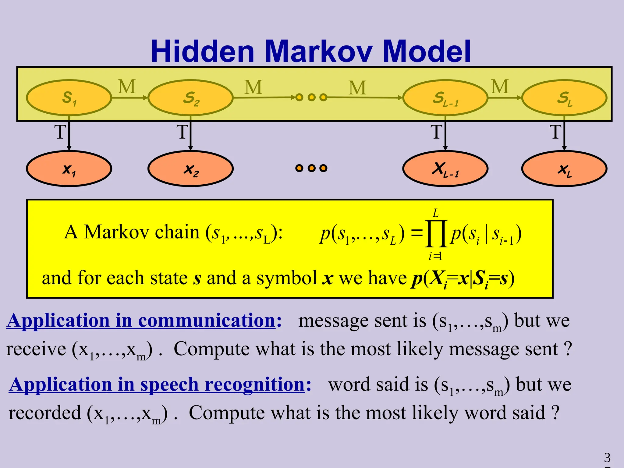 3
Hidden Markov Model
1 1
1
( , , ) ( | )
L
L i i
i
p s s p s s 



A Markov chain (s1,…,sL):
and for each state s and a symbol x we have p(Xi=x|Si=s)
Application in communication: message sent is (s1,…,sm) but we
receive (x1,…,xm) . Compute what is the most likely message sent ?
Application in speech recognition: word said is (s1,…,sm) but we
recorded (x1,…,xm) . Compute what is the most likely word said ?
S1 S2 SL-1 SL
x1 x2 XL-1 xL
M M M M
T
T
T
T
 