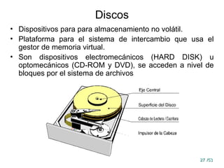 27
27 /53
/53
Discos
• Dispositivos para para almacenamiento no volátil.
• Plataforma para el sistema de intercambio que usa el
gestor de memoria virtual.
• Son dispositivos electromecánicos (HARD DISK) u
optomecánicos (CD-ROM y DVD), se acceden a nivel de
bloques por el sistema de archivos
 