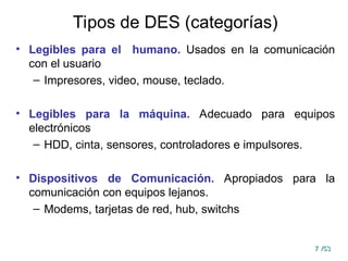7
7 /53
/53
Tipos de DES (categorías)
• Legibles para el humano. Usados en la comunicación
con el usuario
– Impresores, video, mouse, teclado.
• Legibles para la máquina. Adecuado para equipos
electrónicos
– HDD, cinta, sensores, controladores e impulsores.
• Dispositivos de Comunicación. Apropiados para la
comunicación con equipos lejanos.
– Modems, tarjetas de red, hub, switchs
 
