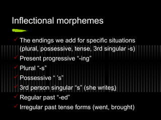 Inflectional morphemes 
The endings we add for specific situations 
(plural, possessive, tense, 3rd singular -s) 
Present progressive “-ing” 
Plural “-s” 
Possessive “ ’s” 
3rd person singular “s” (she writes) 
Regular past “-ed” 
Irregular past tense forms (went, brought) 
 