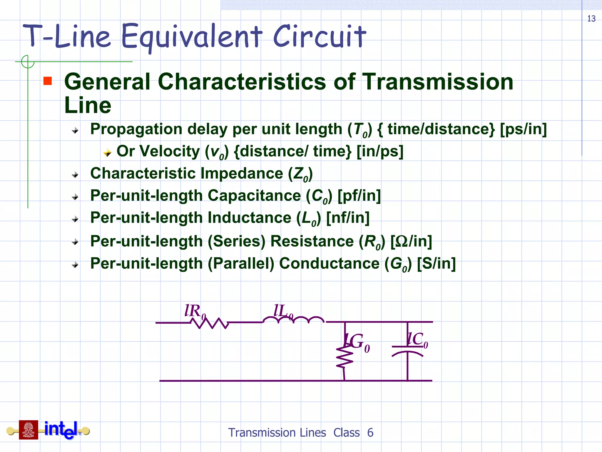 General Characteristics of Transmission Line Propagation delay per unit length ( T 0 ) { time/distance} [ps/in] Or Velocity ( v 0 ) {distance/ time} [in/ps] Characteristic Impedance ( Z 0 )  Per-unit-length Capacitance ( C 0 ) [pf/in] Per-unit-length Inductance ( L 0 ) [nf/in] Per-unit-length (Series) Resistance ( R 0 ) [  /in] Per-unit-length (Parallel) Conductance ( G 0 ) [S/in] T-Line Equivalent Circuit Transmission Lines  Class  6 lL 0 lR 0 lC 0 lG 0 