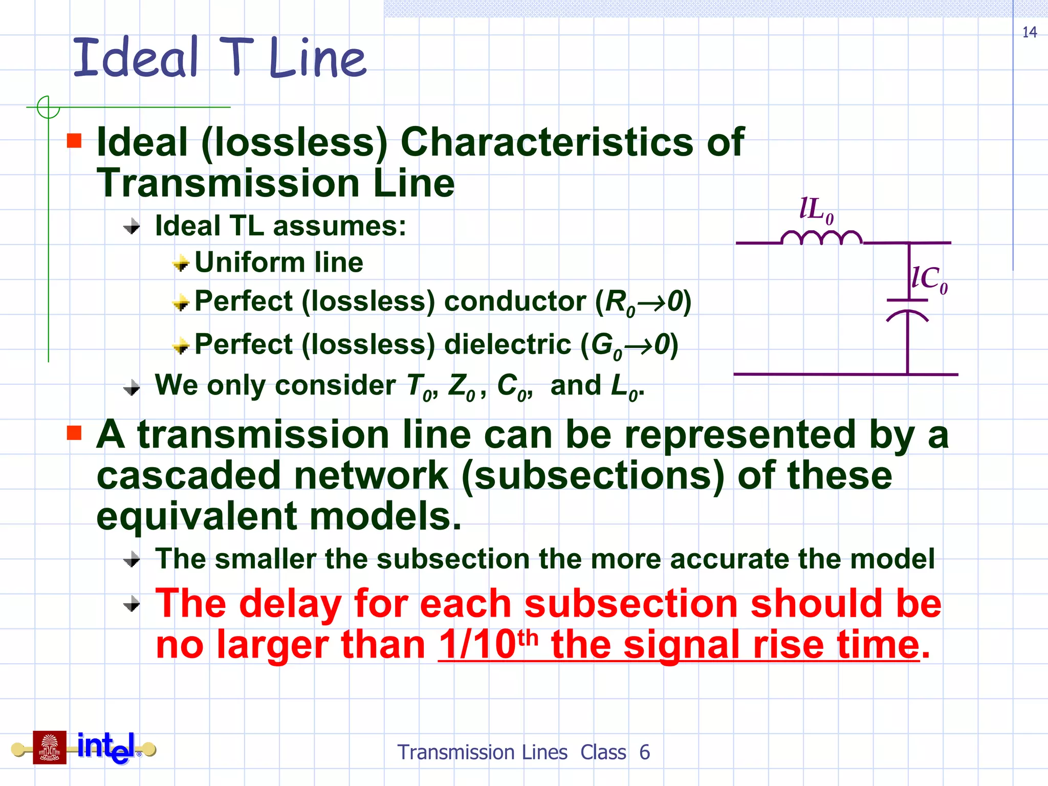 Ideal T Line Ideal (lossless) Characteristics of Transmission Line Ideal TL assumes: Uniform line Perfect (lossless) conductor ( R 0  0 ) Perfect (lossless) dielectric ( G 0  0 ) We only consider  T 0 ,  Z 0   ,  C 0 ,  and  L 0 . A transmission line can be represented by a cascaded network (subsections) of these equivalent models.  The smaller the subsection the more accurate the model The delay for each subsection should be no larger than  1/10 th  the signal rise time . Transmission Lines  Class  6 lL 0 lC 0 