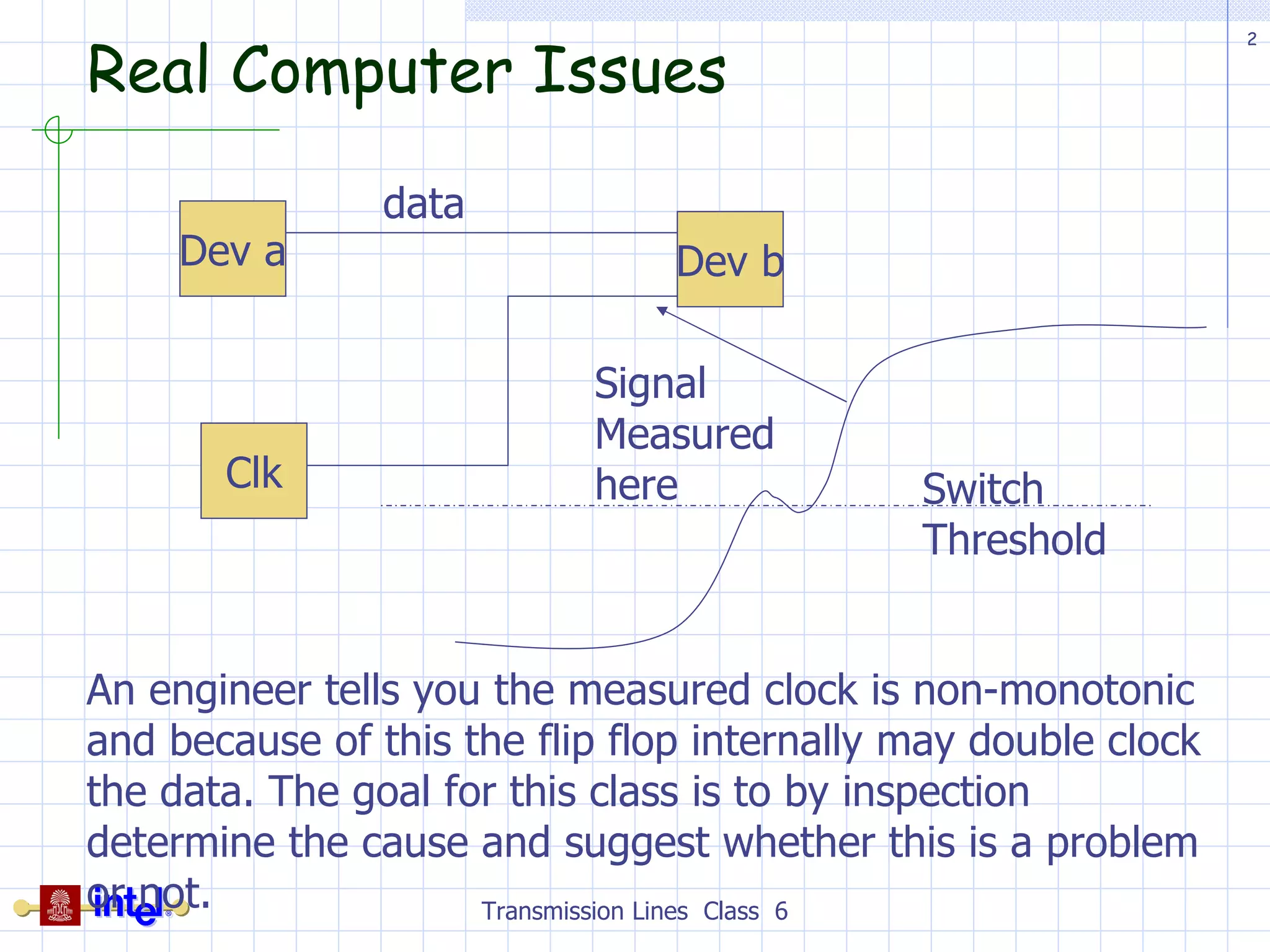 Real Computer Issues Transmission Lines  Class  6 Dev a Dev b Clk Switch Threshold Signal Measured here An engineer tells you the measured clock is non-monotonic and because of this the flip flop internally may double clock the data. The goal for this class is to by inspection determine the cause and suggest whether this is a problem or not. data 