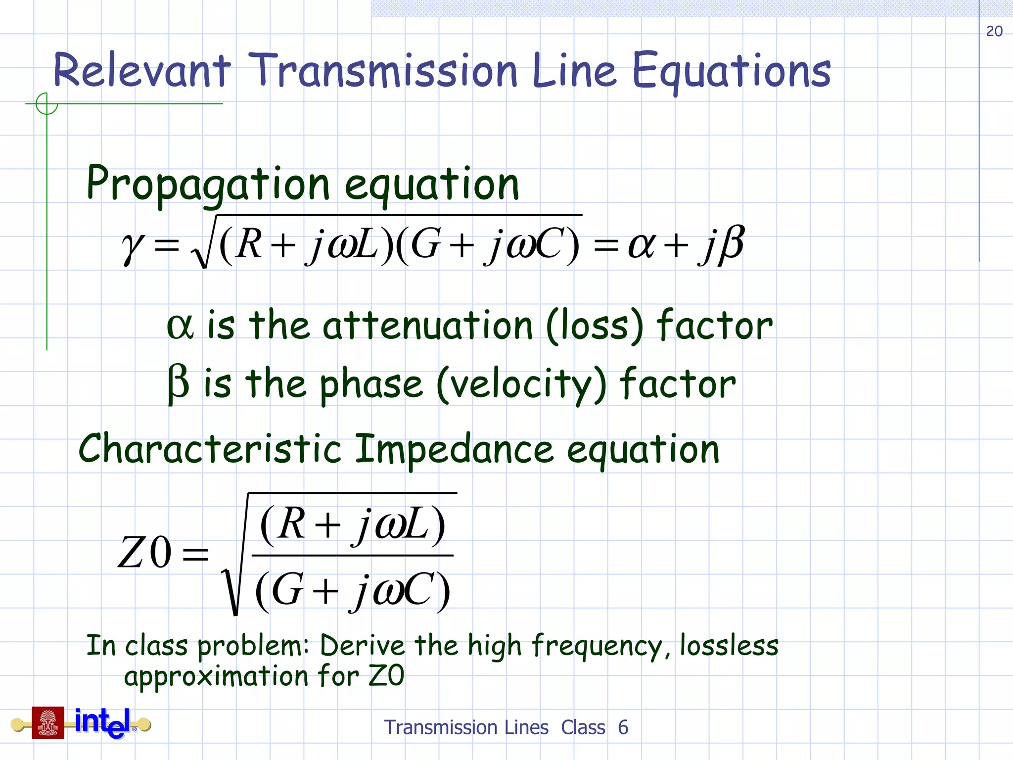 Relevant Transmission Line Equations Propagation equation Transmission Lines  Class  6 Characteristic Impedance equation In class problem: Derive the high frequency, lossless approximation for Z0    is the attenuation (loss) factor    is the phase (velocity) factor 