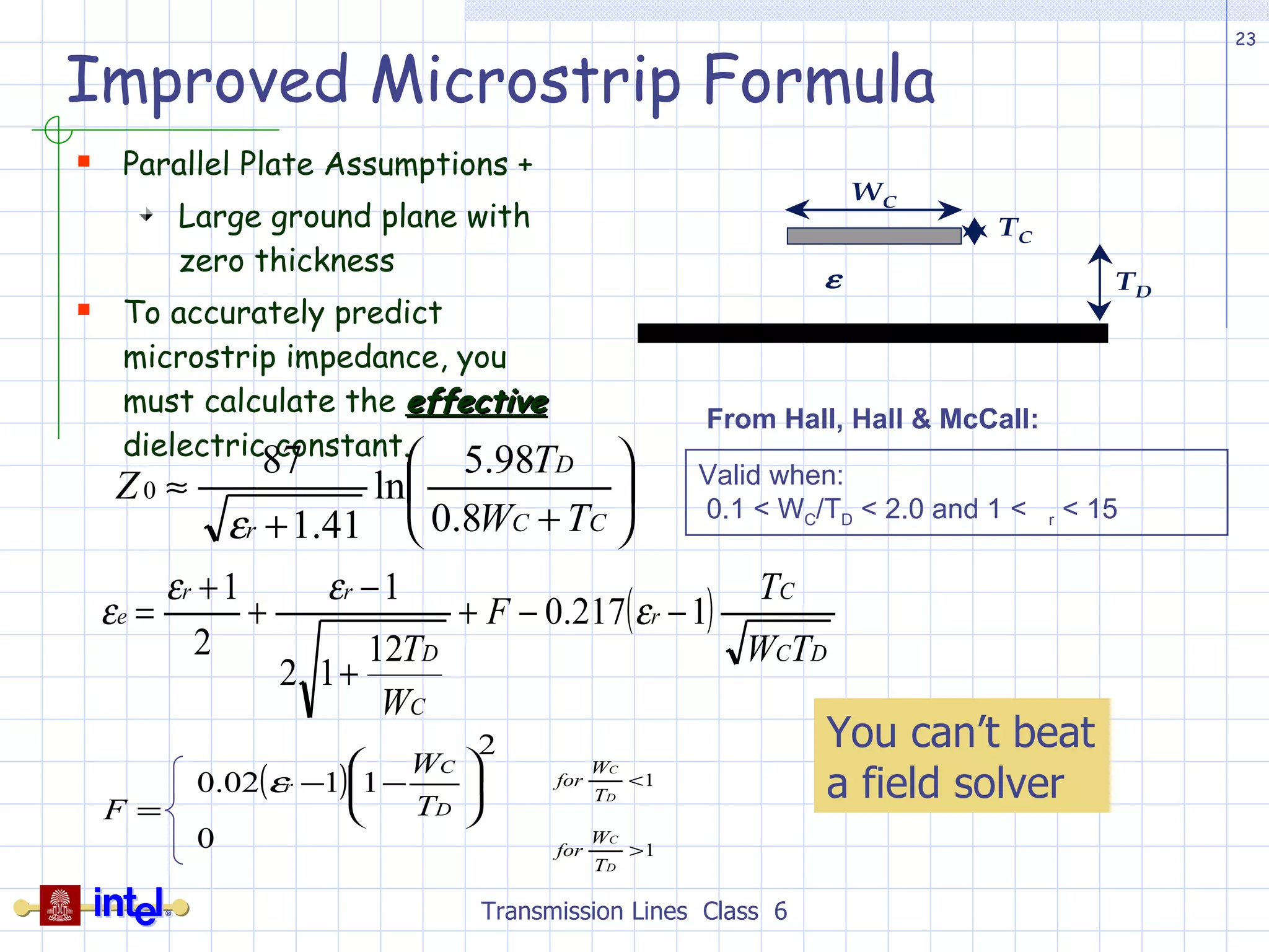 Improved Microstrip Formula Parallel Plate Assumptions + Large ground plane with zero thickness To accurately predict microstrip impedance, you must calculate the  effective  dielectric constant. Transmission Lines  Class  6 From Hall, Hall & McCall: Valid when: 0.1 < W C /T D  < 2.0 and 1 <   r  < 15 You can’t beat a field solver 