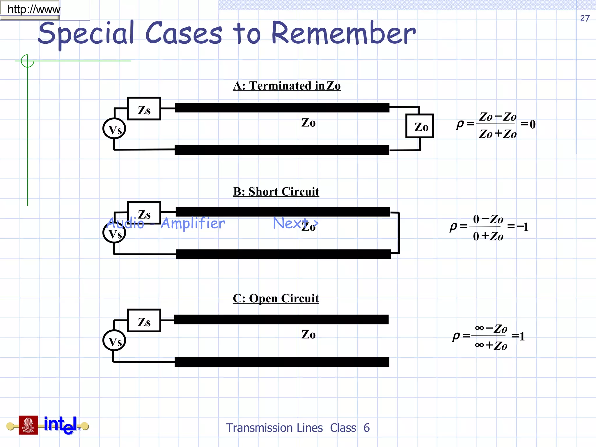 Special Cases to Remember Transmission Lines  Class  6 Phone call Voice Changer   Friday, 18 June 2010 22:53 | Written by EEE-LAB |                 User Rating:    / 6   PoorBest    Voice manipulation device specially intended for props 9V Battery operation Parts  List : P1______________10K Log. Potentiometer R1,R10__________10K 1/4W Resistors R2_______________1K 1/4W Resistor R3______________50K 1/2W Trimmer Cermet or Carbon R4,R6,R7,R14___100K 1/4W Resistors R5______________47K 1/4W Resistor R8______________68K 1/4W Resistor R9_______________2K2 1/2W Trimmer Cermet or Carbon R11_____________33K 1/4W Resistor R12_____________18K 1/4W Resistor R13_____________15K 1/4W Resistor C1,C2,C3,C8,C9_100nF 63V Polyester Capacitors C4______________10µF 25V Electrolytic Capacitor C5_____________220nF 63V Polyester Capacitor (Optional, see Notes) C6_______________4n7 63V Polyester Capacitor C7______________10nF 63V Polyester Capacitor C10____________220µF 25V Electrolytic Capacitor IC1___________LM358 Low Power Dual Op-amp IC2_________TDA7052 Audio power amplifier IC MIC1__________Miniature electret microphone SPKR______________8 Ohm Small Loudspeaker SW1____________DPDT Toggle or Slide Switch SW2,SW3________SPST Toggle or Slide Switches J1____________6.3mm or 3mm Mono Jack socket B1_______________9V PP3 Battery (See Notes) Clip for PP3 Battery Although this kind of voice effect can be obtained by means of some audio computer programs,  a few correspondents required a stand-alone device, featuring microphone input and line or  loudspeaker outputs. Notes: * The pass-band filter can be bypassed by means of SW1A and B: in this case, a  non-manipulated microphone signal will be directly available at the line or  loudspeaker outputs after some amplification through IC1A. * R3 sets the gain of the microphone preamp. Besides setting the microphone gain, this  control can be of some utility in adding some amount of distortion to the signal,  thus allowing a more realistic imitation of a telephone call voice. * R9 is the steep control of the pass-band filter. It should be used with care, in order  to avoid excessive ringing when filter steepness is approaching maximum value. * P1 is the volume control and SW2 will switch off amplifier and loudspeaker if desired. * C5 is optional: it will produce a further band reduction. Some people think the  resulting effect is more realistic if this capacitor is added. * If the use of an external, moving-coil microphone is required, R1 must be omitted,  thus fitting a suitable input jack. * This circuit was intended to be powered by a 9V PP3 battery, but any dc power supply in the  6 - 12V range can be used successfully.   Last Updated (Saturday, 26 February 2011 14:16) 1       Zo Zo  0     Zo Zo Zo Zo  1 0 0      Zo Zo  Vs Zs Zo Zo A: Terminated in  Zo Vs Zs Zo B: Short Circuit Vs Zs Zo C: Open Circuit Audio  -  Amplifier   Next >   