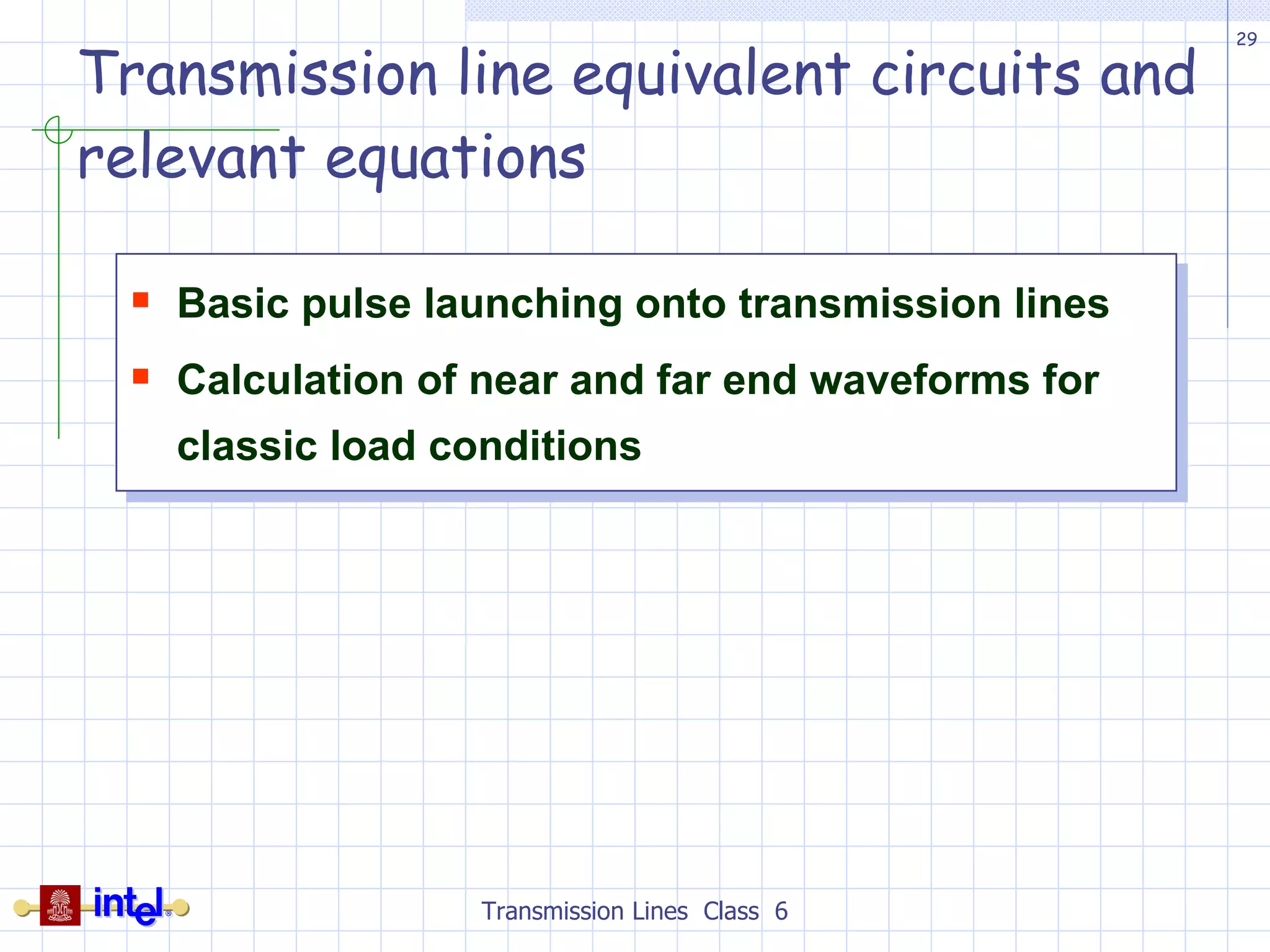 Transmission line equivalent circuits and relevant equations Transmission Lines  Class  6 Basic pulse launching onto transmission lines Calculation of near and far end waveforms for classic load conditions 