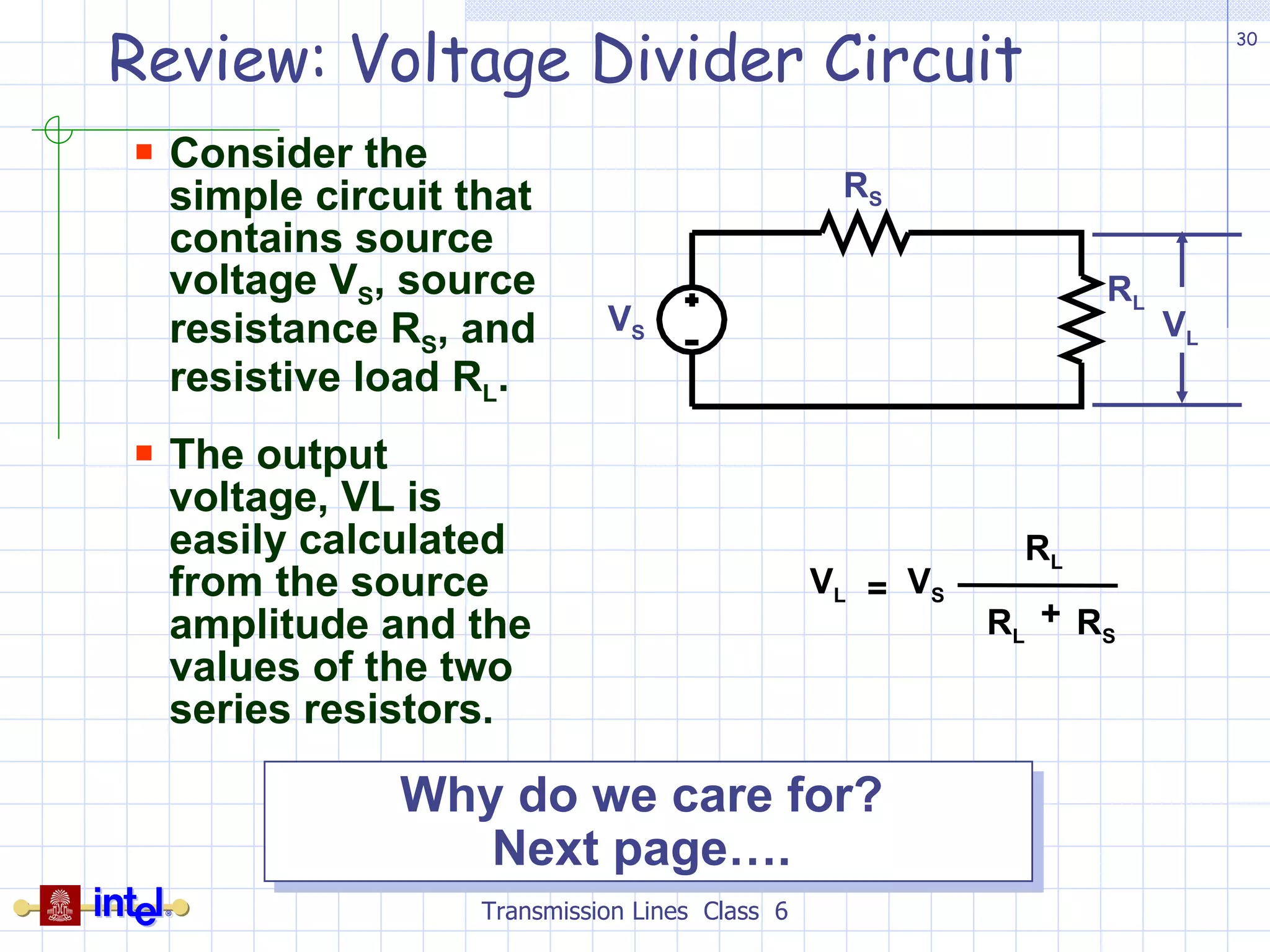 Review: Voltage Divider Circuit Consider the simple circuit that contains source voltage V S , source resistance R S , and resistive load R L . The output voltage, VL is easily calculated from the source amplitude and the values of the two series resistors. Transmission Lines  Class  6 Why do we care for?  Next page….  R S R L V S V L R S R L R L V S V L + = 