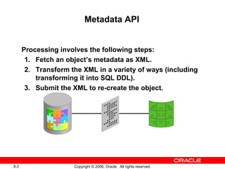 8-3 Copyright © 2006, Oracle. All rights reserved.
Metadata API
Processing involves the following steps:
1. Fetch an object’s metadata as XML.
2. Transform the XML in a variety of ways (including
transforming it into SQL DDL).
3. Submit the XML to re-create the object.
 