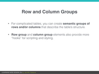 Row and Column Groups
• For complicated tables, you can create semantic groups of
rows and/or columns that describe the table’s structure.
• Row group and column group elements also provide more
“hooks” for scripting and styling.
 