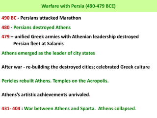 Warfare with Persia (490-479 BCE)
490 BC - Persians attacked Marathon
480 - Persians destroyed Athens
479 – unified Greek ...