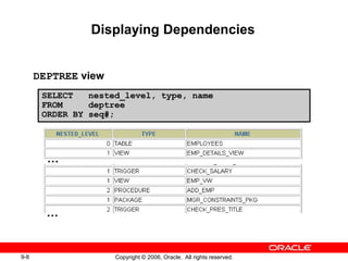 9-8 Copyright © 2006, Oracle. All rights reserved.
Displaying Dependencies
DEPTREE view
SELECT nested_level, type, name
FROM deptree
ORDER BY seq#;
…
…
 