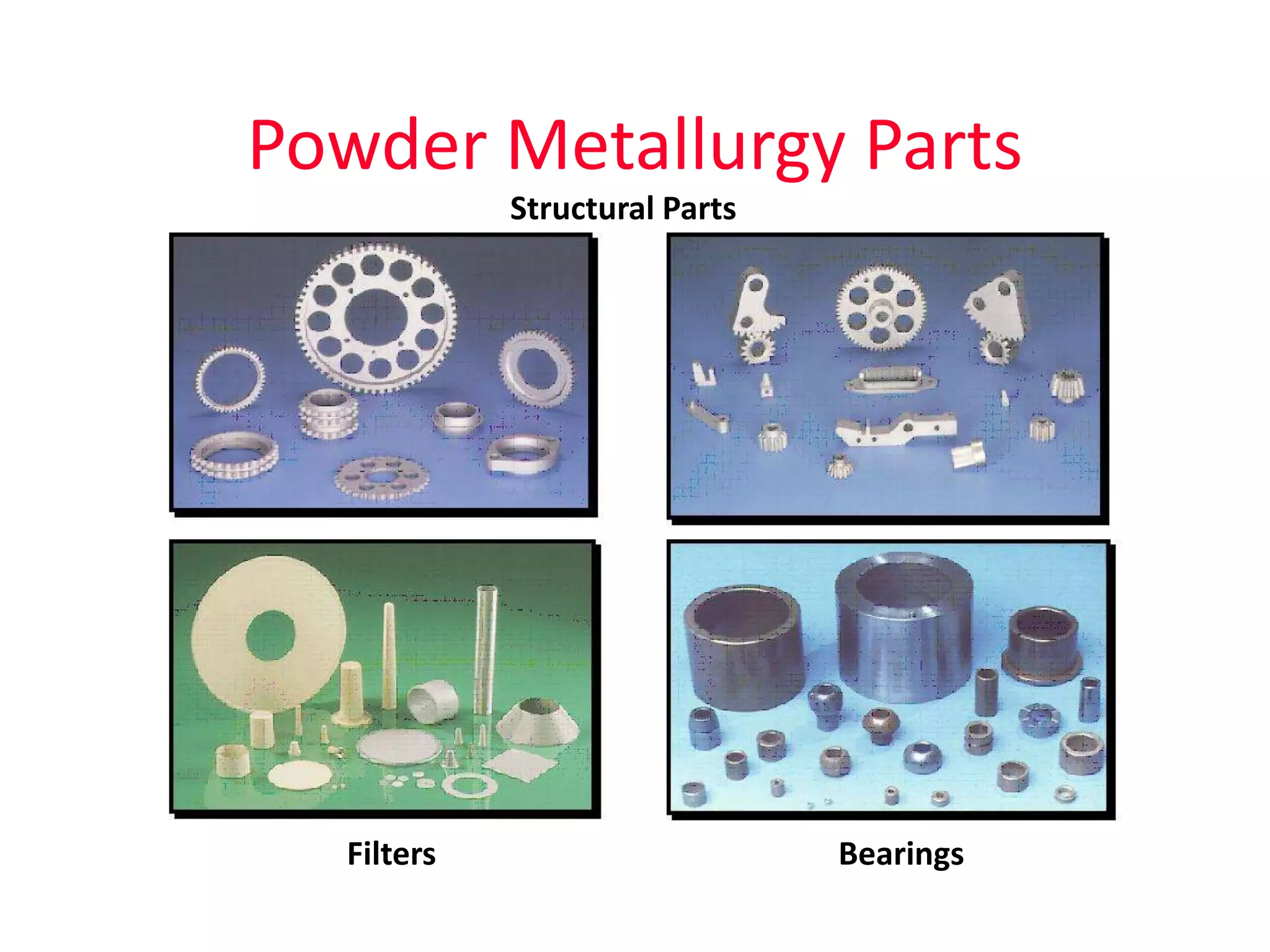 Powder Metallurgy Parts
Sintered Structural Components
Filters
Sintered Structural Components
Sintered Oil-Retaining Bearings
Filters
Structural Parts
Bearings
 